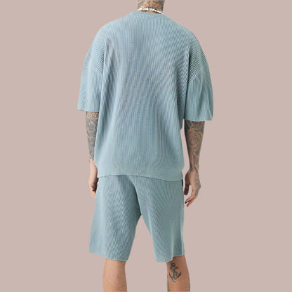Men's Set – Relaxed Fit – Short-Sleeved Top and Matching Shorts – Soft Ribbed Texture