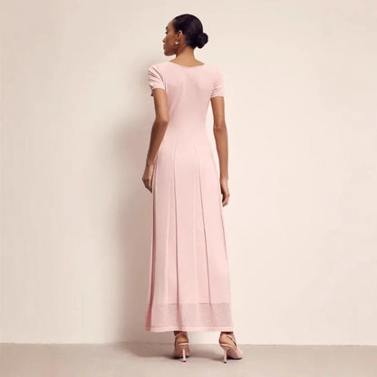 Women's Maxi Dress – Slim Fit – V-Neck – Short Sleeves – Pleated with Front Slit