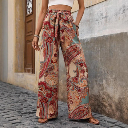 Women's Pants – Wide Leg – High Waist Tie Belt – Bohemian Print – Light Breathable Quality