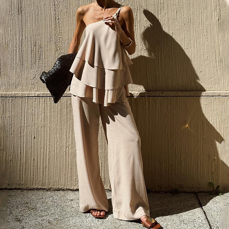 Women's Two-Piece Set – Asymmetric Ruffle Top – Soft Breathable Quality – Wide Pants