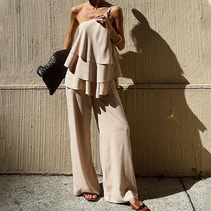 Women's Two-Piece Set – Asymmetric Ruffle Top – Soft Breathable Quality – Wide Pants