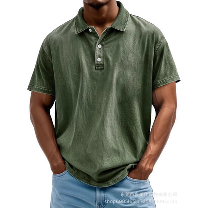 Herre Poloshirt – Bomuld – Afslappet Pasform – Vasket Retro Stil – Kort Ærme