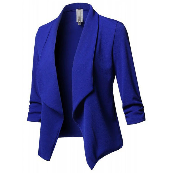 Women’s Draped Open-Front Blazer – Soft Knit – Waterfall Collar – 3/4 Sleeves