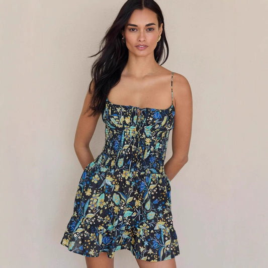 Women's Summer Dress – Light Cotton – Smocked Bodice – A-line – Ruffle Edge – Spaghetti Straps