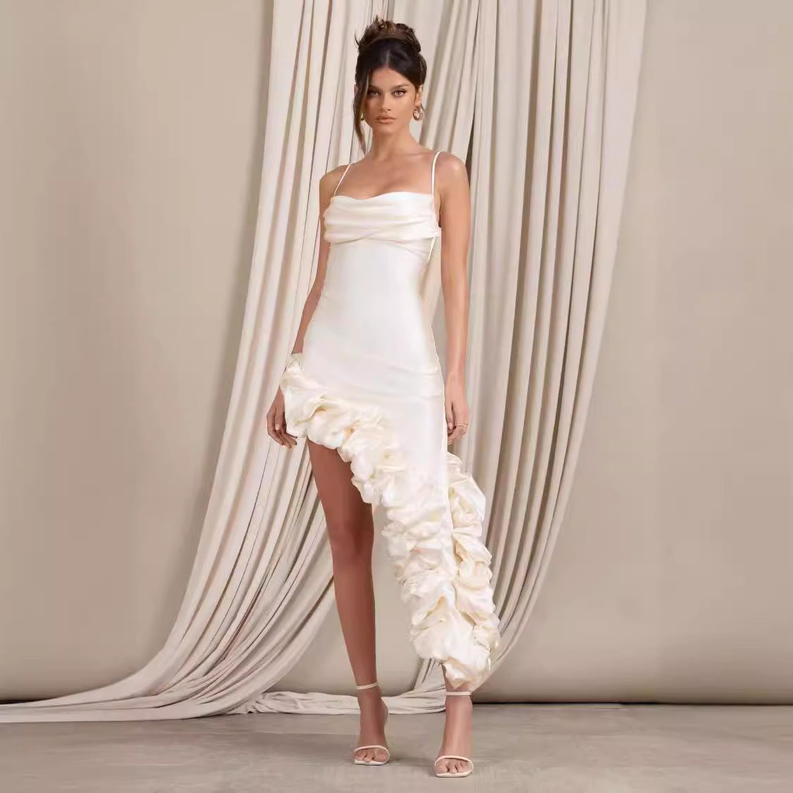 Women's Evening Dress – Slim Fit – Satin – Asymmetric Ruched Design – Spaghetti Straps