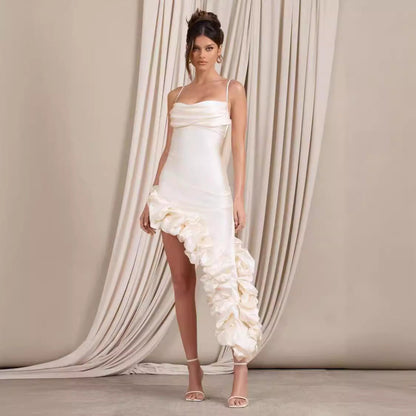 Women's Evening Dress – Slim Fit – Satin – Asymmetric Ruched Design – Spaghetti Straps