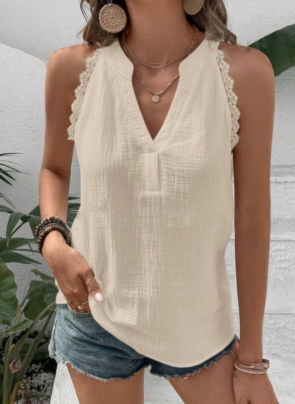 Women's Sleeveless Top – V-Neck – Lace at Shoulders – Light and Breathable – Relaxed Fit
