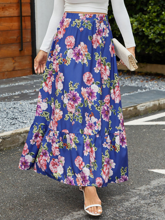 Women's Maxi Skirt – Flowy Fit – Elastic Waist – Ruched Hem – Floral Pattern