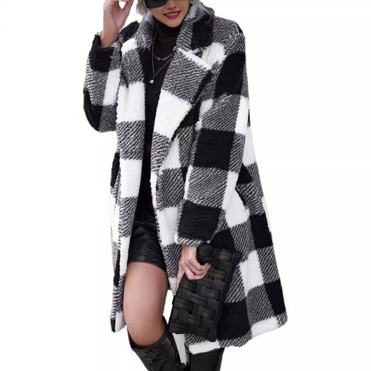 Women's Long Coat – Oversized Fit – Soft Sherpa Texture – Checkered Pattern – Wrap Collar