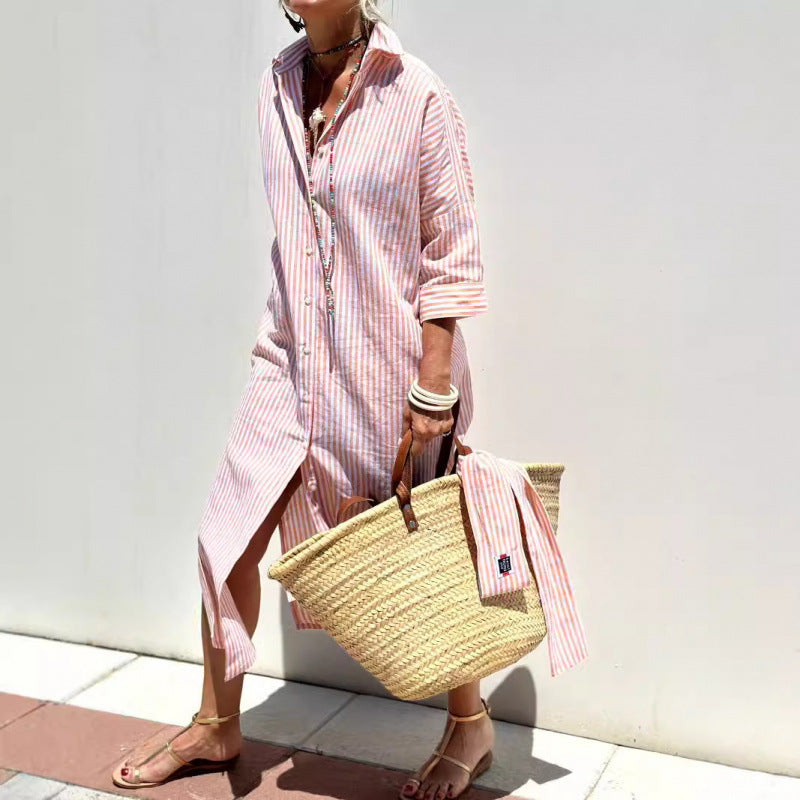 Women's Shirt Dress – Relaxed Fit – Striped – Button Closure – Elbow-Length Sleeves