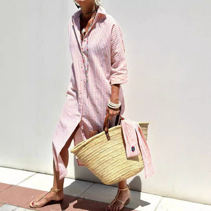 Women's Shirt Dress – Relaxed Fit – Striped – Button Closure – Elbow-Length Sleeves