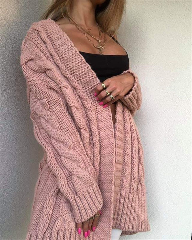 Women's Knit Sweater – Oversized Fit – Wool Blend – Cable Knit – V-Neck – Long Sleeves