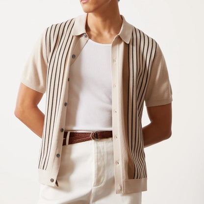 Herre Polo Shirt – Afslappet Pasform – Strikstof – Lodrette Striber – Kort Ærme