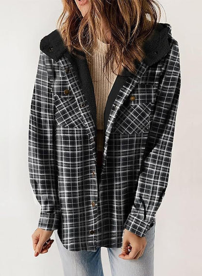 Women's Jacket – Wool Texture – Relaxed Fit – Button Closure – Hood – Checkered Pattern