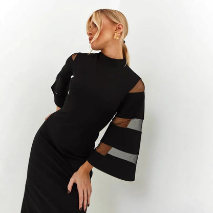 Dress for Women – Slim Fit – Midi Length – Ruffle Sleeves – Side Slit – Round Neck