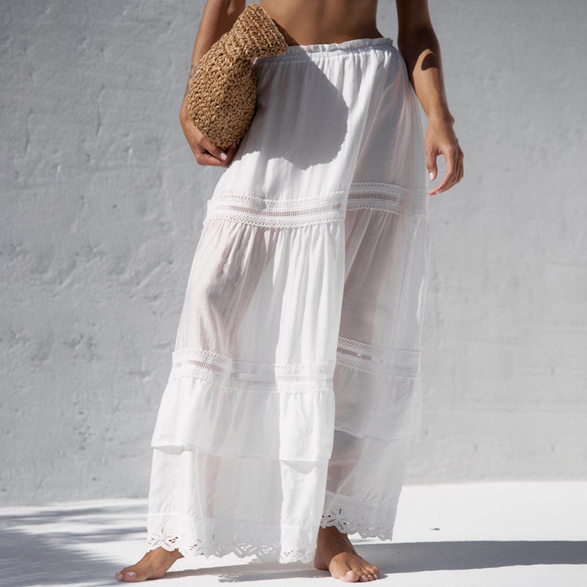 Women's Maxi Skirt – Loose Fit – Natural Fibers – Layered Design with Lace Trim