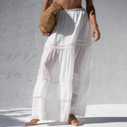 Women's Maxi Skirt – Loose Fit – Natural Fibers – Layered Design with Lace Trim