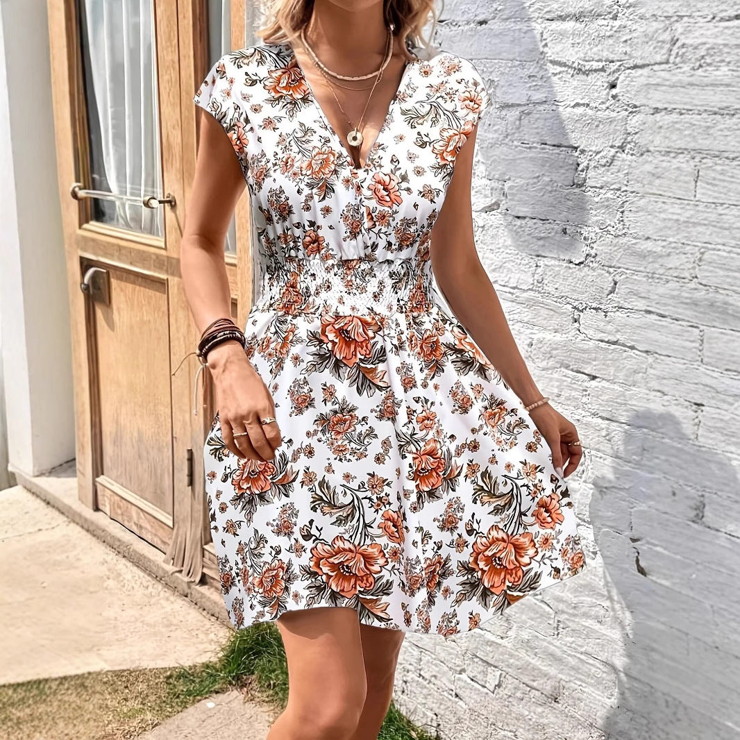 Women's A-line Dress – Smocked Waist – Deep V-neck – Flutter Sleeves – Breathable Material