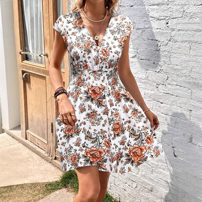 Women's A-line Dress – Smocked Waist – Deep V-neck – Flutter Sleeves – Breathable Material