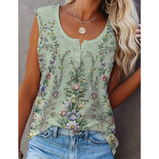 Women's Sleeveless Top – Relaxed Fit – Floral Print – Button Closure – Light and Breathable