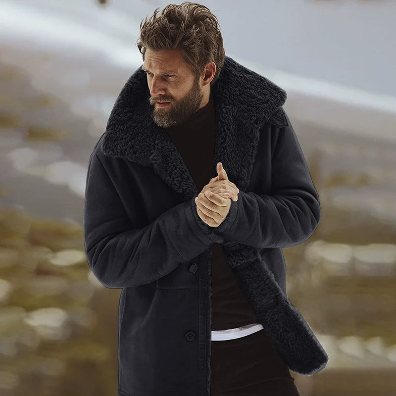 Men’s Coat - Woven Fabric - Relaxed Fit - Mid-Thigh Length - Shearling Collar