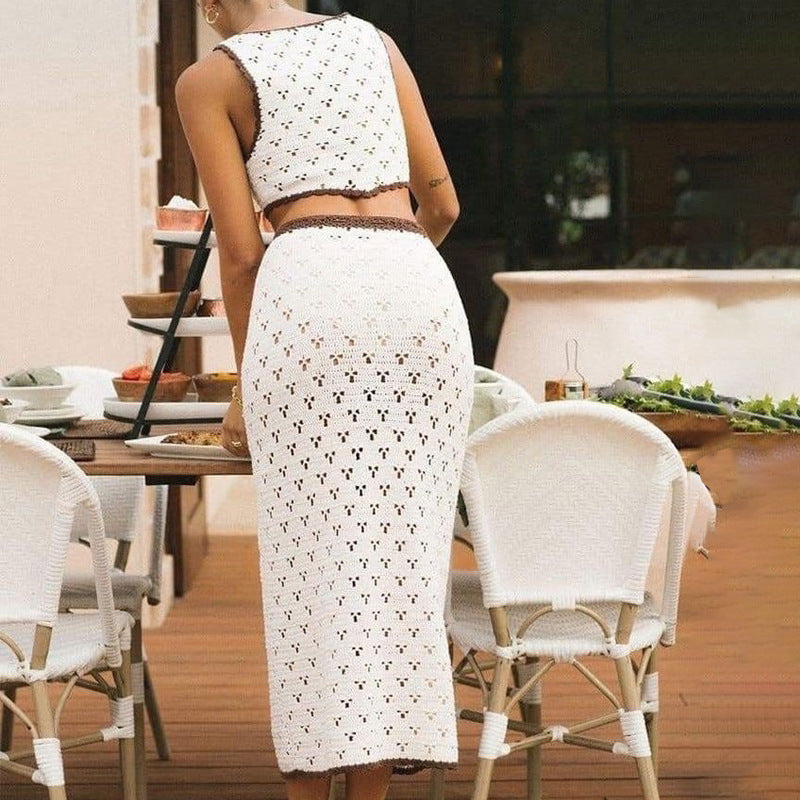 Women's Skirt Set – Slim Fit – Crocheted Design – V-Neck Crop Top with Front Tie