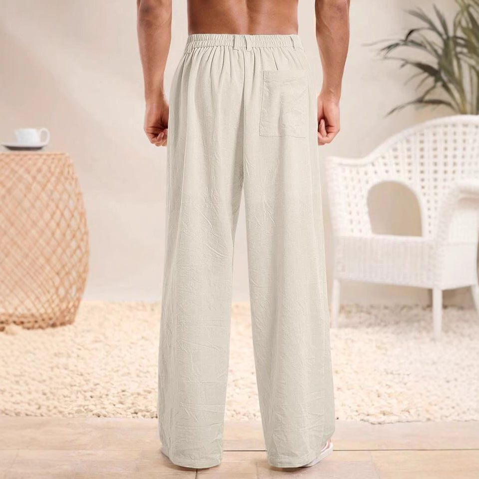 Men's Trousers – Relaxed Fit – Cotton Linen Mix – Elastic Waist – Full Length