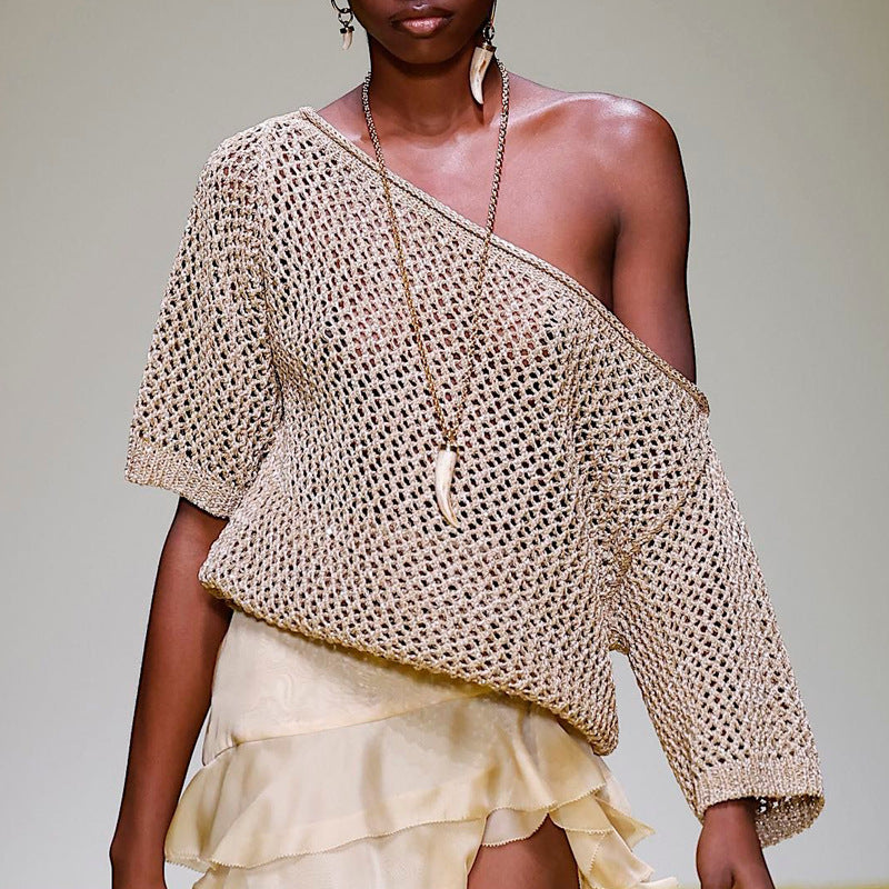 Women's Knit Sweater – Relaxed Fit – Off Shoulder – Open Knit – Soft and Breathable