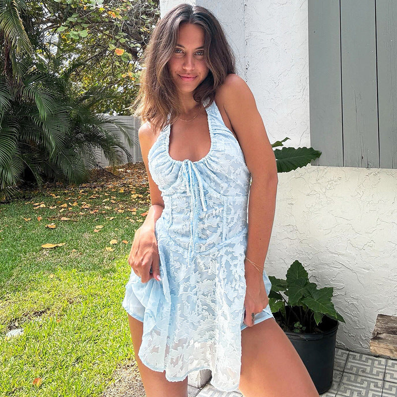 Women's Dress – Mini Dress – Slim Fit – Jacquard Structure – Halterneck – Open Back