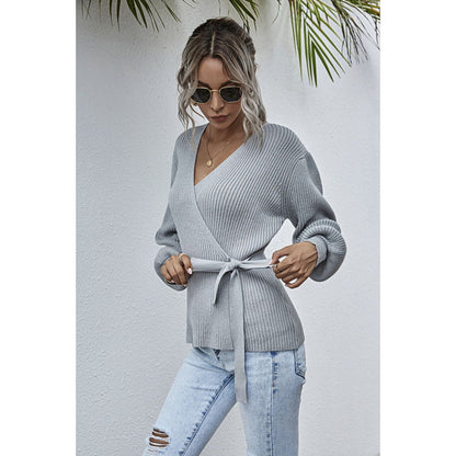 Women’s Wrap Sweater - Ribbed Knit - Long Sleeve Belted Top