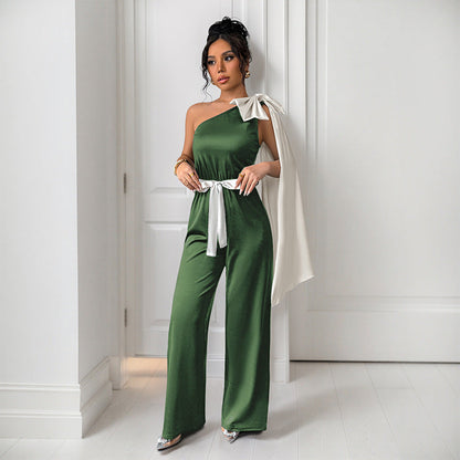 Women's Jumpsuit – Tailored Fit – Satin Look – One Shoulder with Bow Details