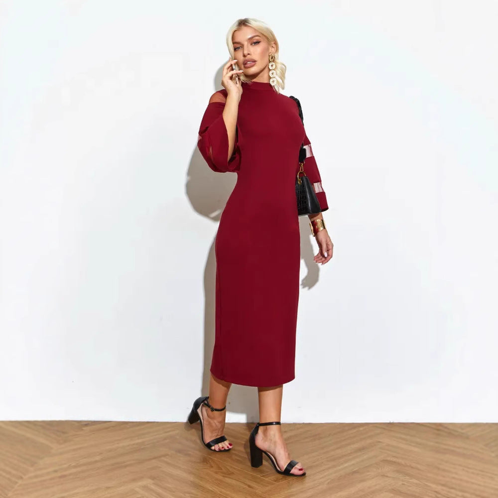 Dress for Women – Slim Fit – Midi Length – Ruffle Sleeves – Side Slit – Round Neck