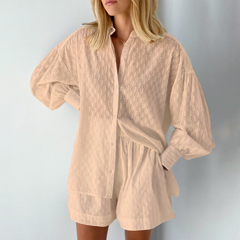 Women's Set with Blouse and Shorts – Relaxed Fit – Jacquard – Puff Sleeves – Elastic Waist