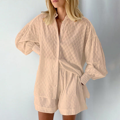 Women's Set with Blouse and Shorts – Relaxed Fit – Jacquard – Puff Sleeves – Elastic Waist