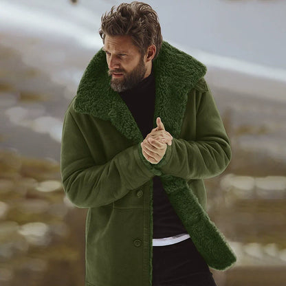 Men’s Coat - Woven Fabric - Relaxed Fit - Mid-Thigh Length - Shearling Collar