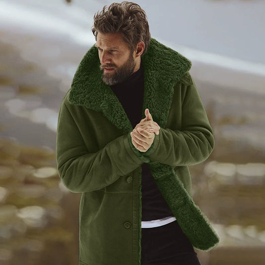 Men’s Coat - Woven Fabric - Relaxed Fit - Mid-Thigh Length - Shearling Collar