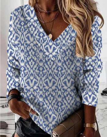 Women's Top with Long Sleeves - Print - Deep V-Neck - Relaxed Fit