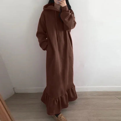 Women's Hoodie Dress - Long-Sleeved Oversized - With Ruffle Hem and Drawstring Hood