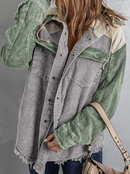 Women's Jacket with Hood – Oversized Fit – Corduroy Texture – Button Closure – Fringed Edge