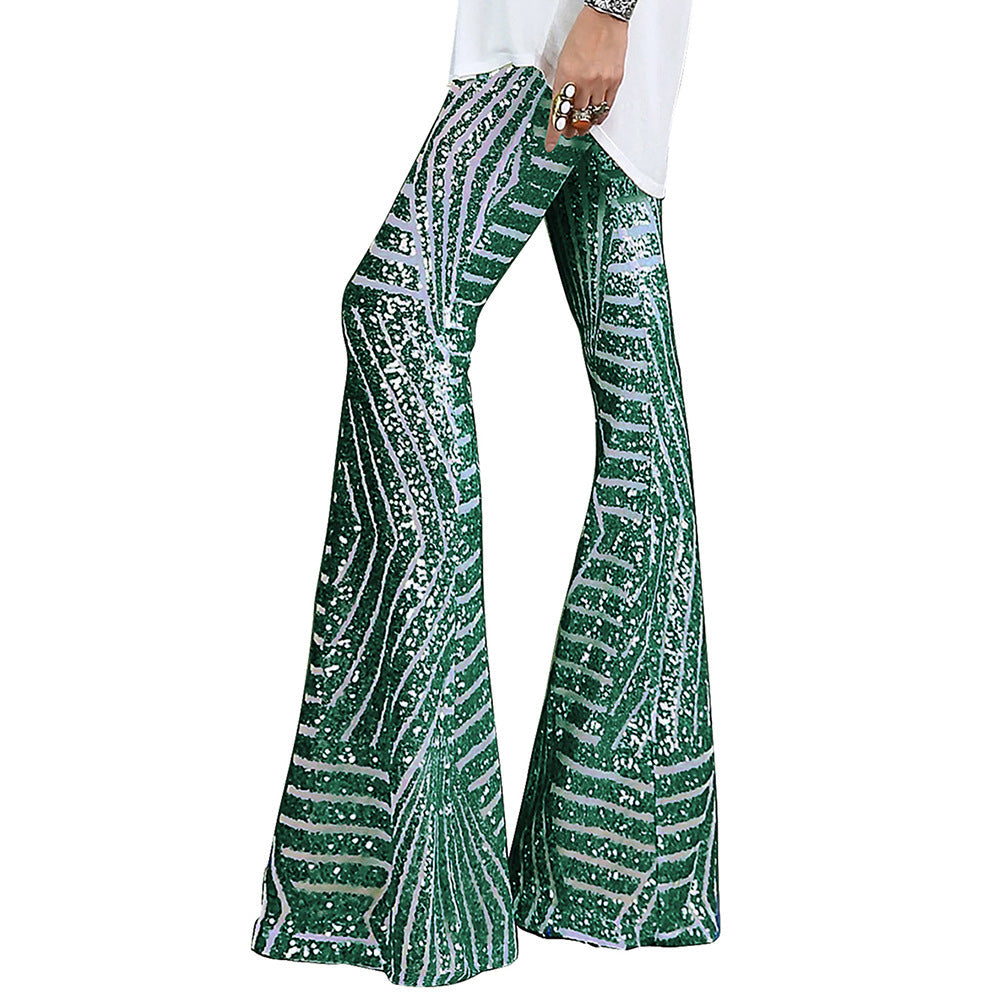 Women's Pants – High Waist – Sequin Pattern – Wide Leg – Elegant Full Length