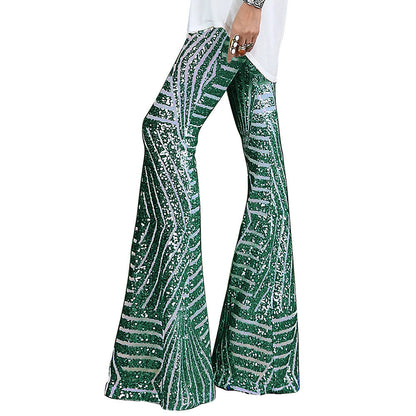 Women's Pants – High Waist – Sequin Pattern – Wide Leg – Elegant Full Length
