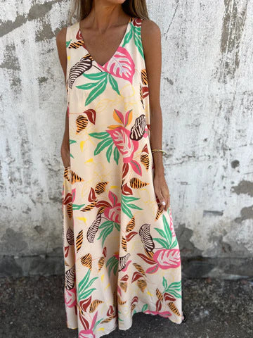 Dress for Women – Maxi A-line – Tropical Pattern – Sleeveless – Light and Breathable