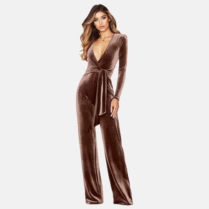 Women's Jumpsuit - Velvet Wrap V-Neck - Long Sleeve Wide Leg