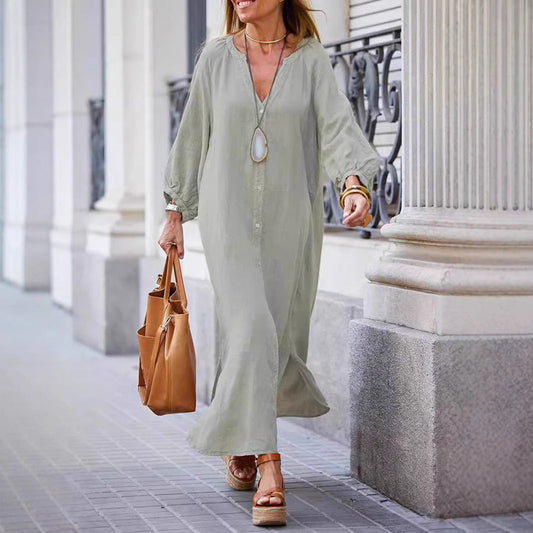 Women's Maxi Dress – Relaxed Fit – V-Neck – Button Closure – Long Sleeves – Breathable Fabric