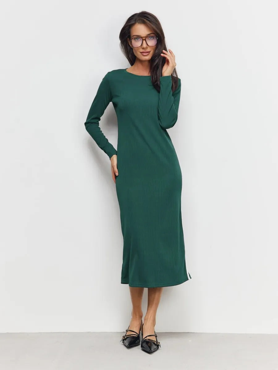 Dame Maxikjole – Slim Fit – Ribstrikket – Lange Ærmer – Slids i Siden