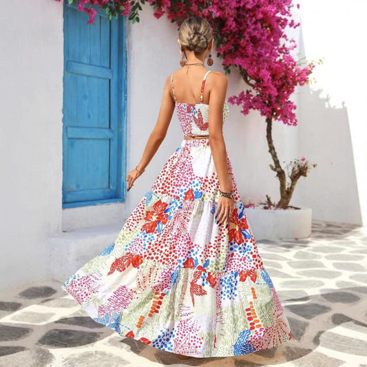 Women's Two-piece Set – Short-sleeved Crop Top with Spaghetti Straps – A-Line Maxi Skirt – Breathable Lightweight Fabric