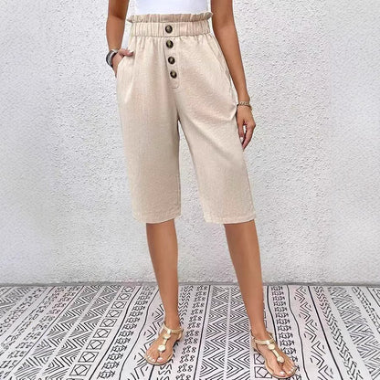 Women's Shorts – Relaxed Fit – High Waist Paperbag – Natural Fibers – Knee Length