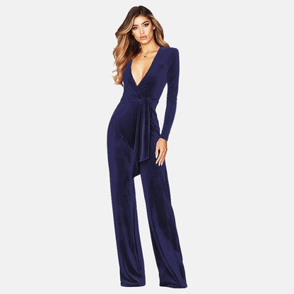 Women's Jumpsuit - Velvet Wrap V-Neck - Long Sleeve Wide Leg