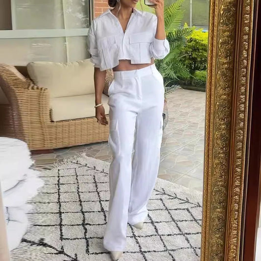 Women's Two-Piece Set – Relaxed Fit – Cropped Button-Up Shirt – Wide High-Waisted Pants