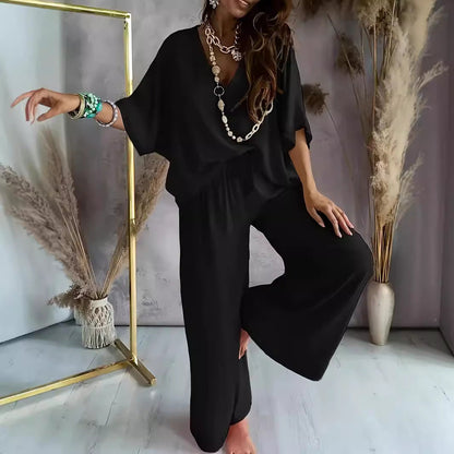 Women's Set – V-Neck Top and Wide Pants – Relaxed Fit – Breathable Fabric